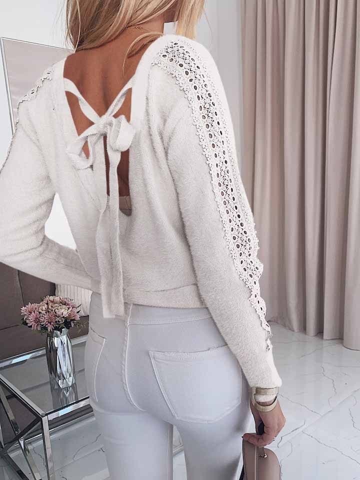 Women Lace Bandage Tops Ladies Long Sleeve Round Neck Backless Blouse Pullover Loose Shirt