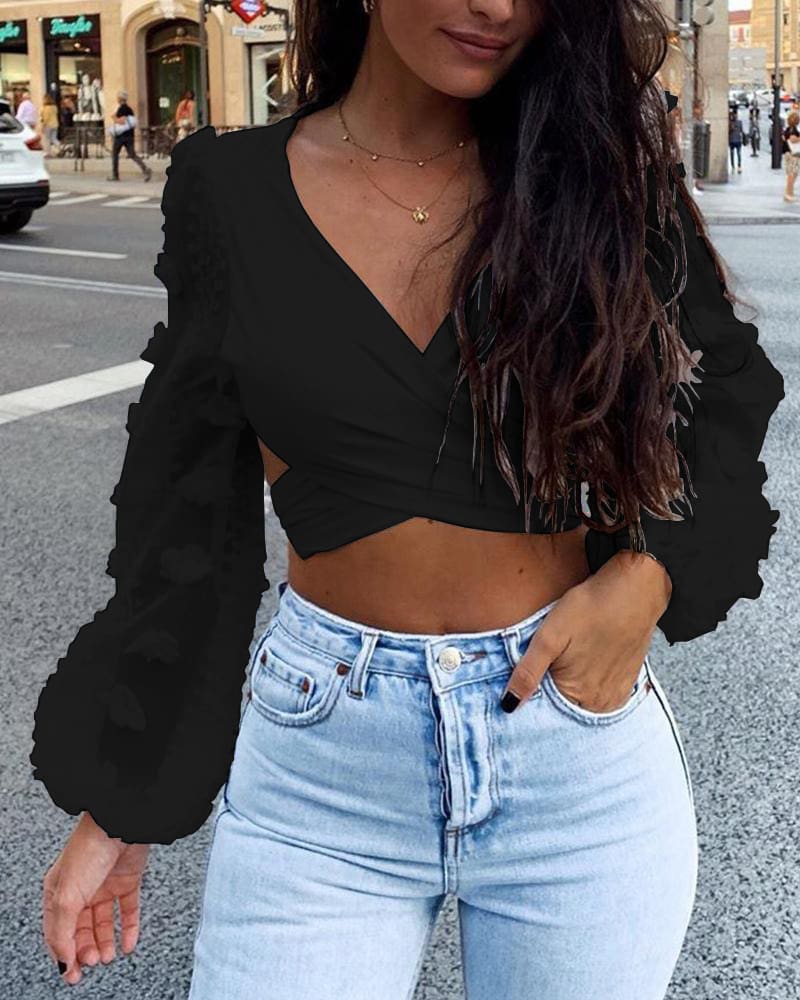 Women Deep V Neck Backless Shirts Crop Tops Autumn Ladies Bandage Slim Fit Party Wrap Casual Blouse Tee