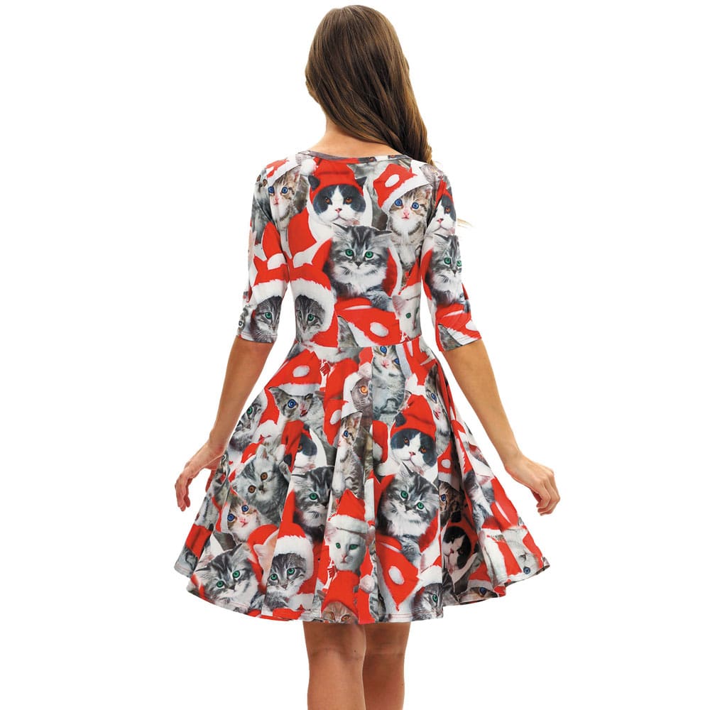 Women Party Dress Ladies Casual Half Sleeve Pleated Xmas Print Cat Snowman Swing Dress