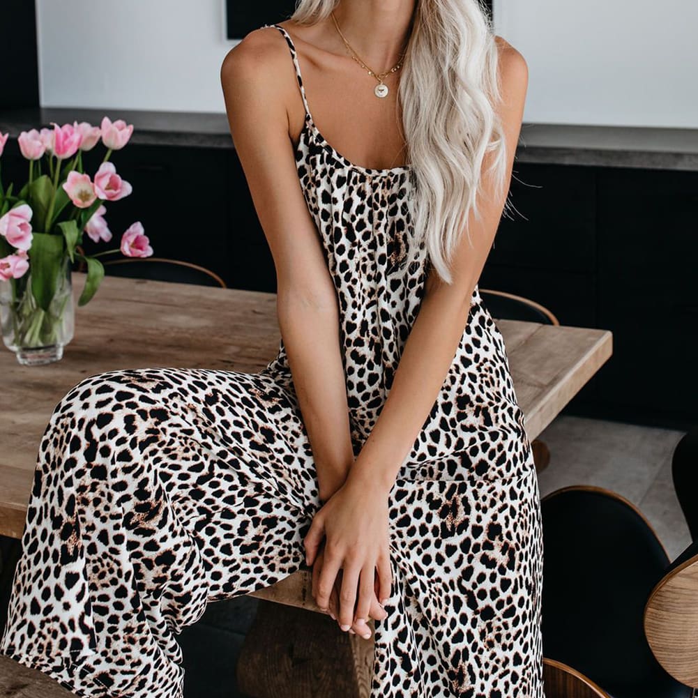 Fashion Womens Leopard Jumpsuit Casual Romper Sleeveless Long Pants Loose Playsuit Clubwear Trousers Outfits Streetwear