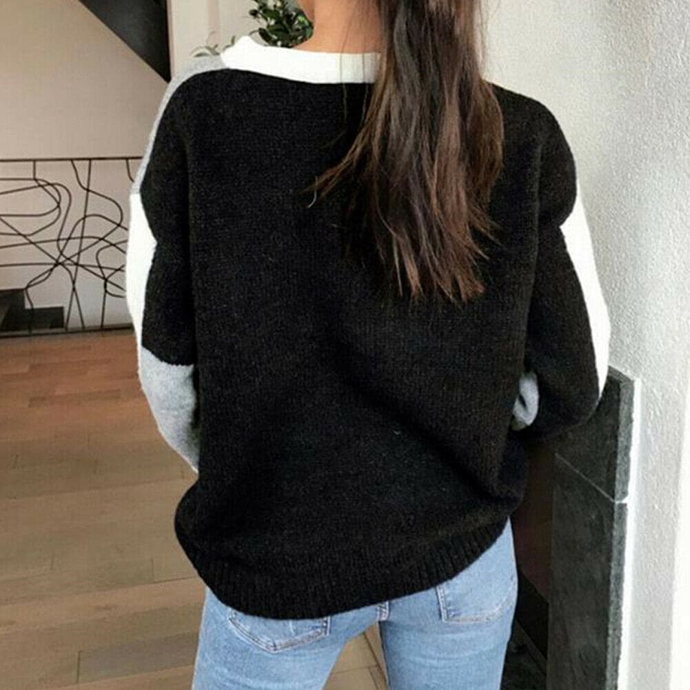 Women Crew Neck Winter Knitted Sweater Ladies Loose Warm Pullover Jumper Tops Patchwork Long Sleeve Causual Sweaters