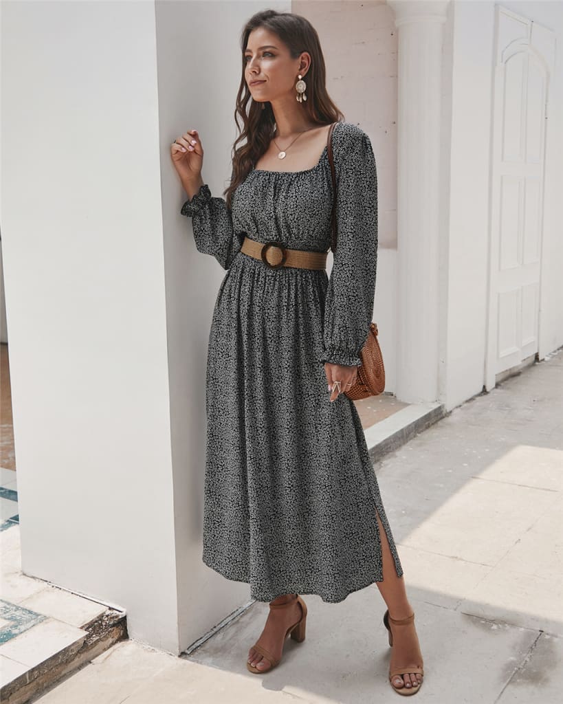 2019 Fashion Trend Women Ladies Long Sleeve Square neck Autumn Dress Floral Autumn Pre-fall Holiday Long Maxi Dress