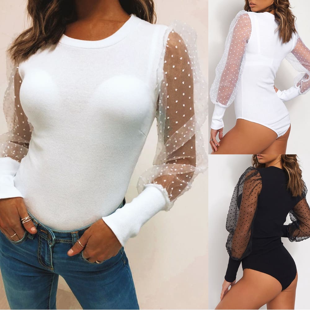 Women Ladies Puff Mesh Sleeve Tops Pullover Bodysuit Fashion Ladies Sweater Blouse Slin Fit Jumpsuit Tops