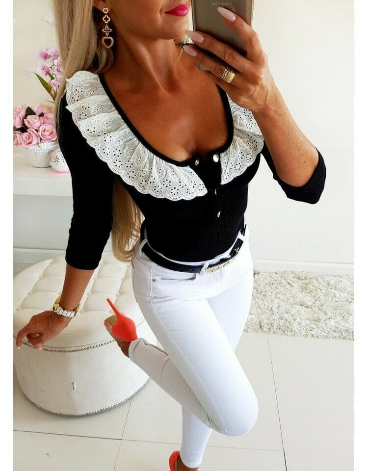 2019 Fashion Women Lady Sexy Low Cut Long Sleeve Lace V Neck Slim Fit T-Shirt Ladies Autumn Casual Tops Shirt