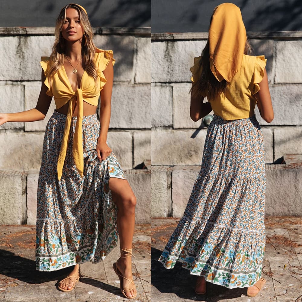 Women Stretch High Waist Floral Print Long Skirt Maxi Beach Casual Boho Polyester Ankle-length Skirt