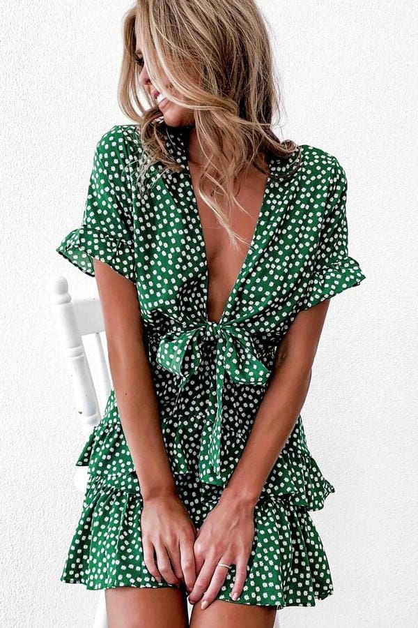 Women Polka Dot Boho Ruffle Mini Dress Knot V-Neck Beach Holiday Dresses