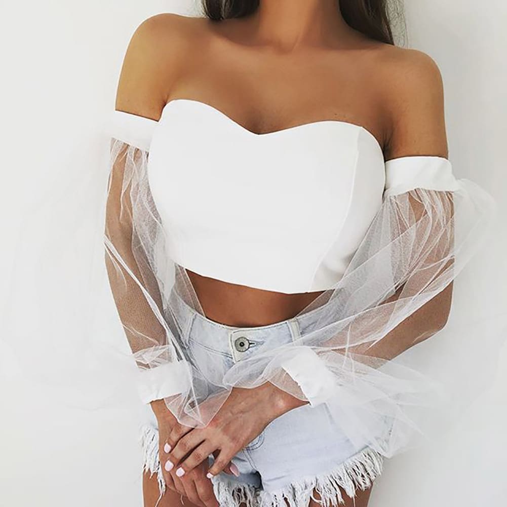 New Women Perspective Long Sleeve Tops Fashion Bubble Sleeve Crop Top Tube Blouse Shirt Summer Beach Holiday