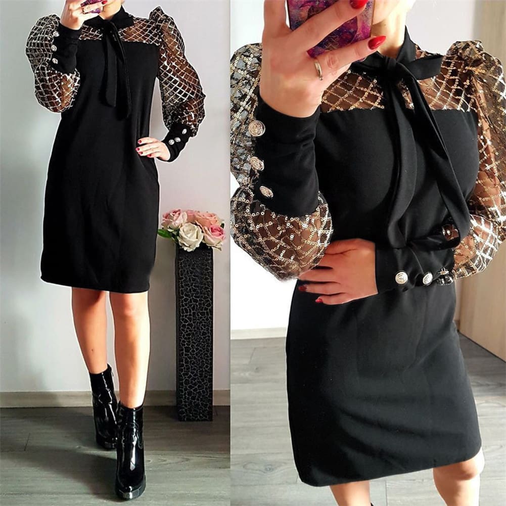 Womens Sequin Tie Neck Wrap Mini Dress Career Mesh Long Sleeve Bodycon Dress