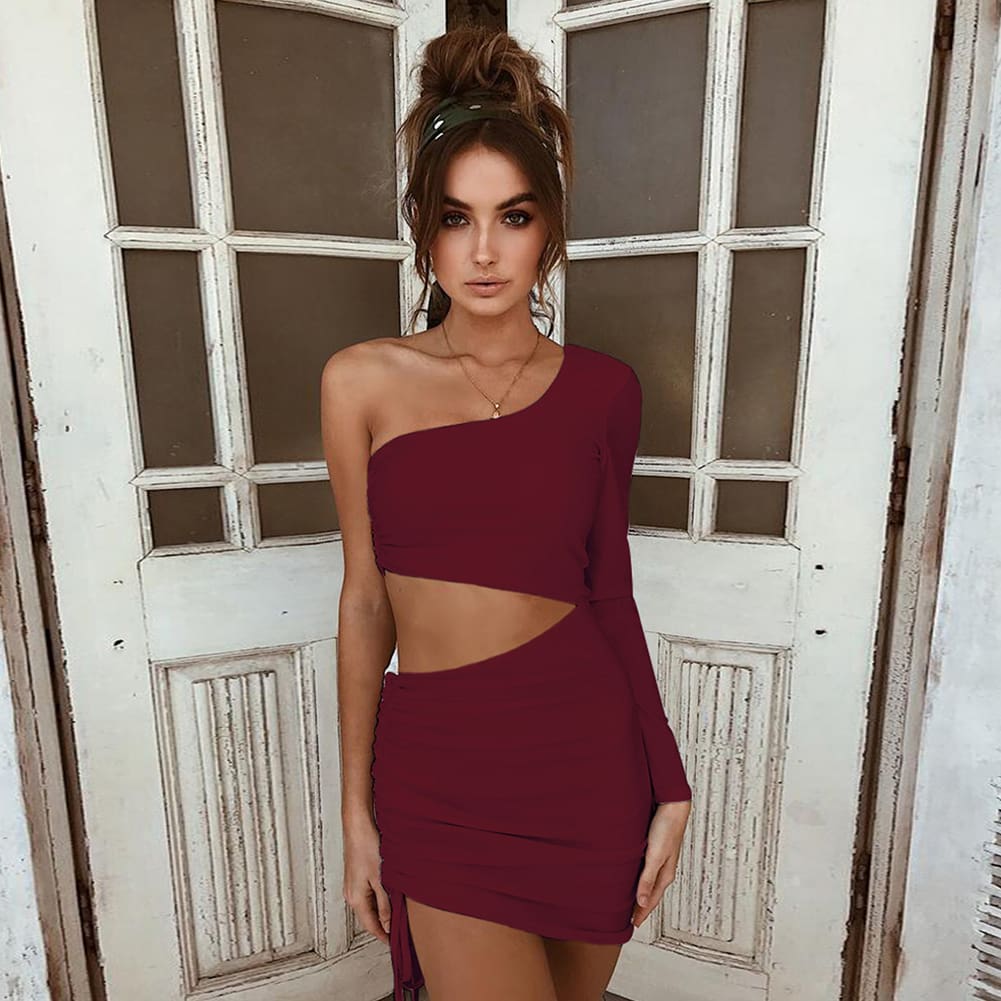 New Womens Lady Solid Color One Shoulder Hollow Out Bandage Bodycon Mini Dress Cocktail Club Dress Clubwear