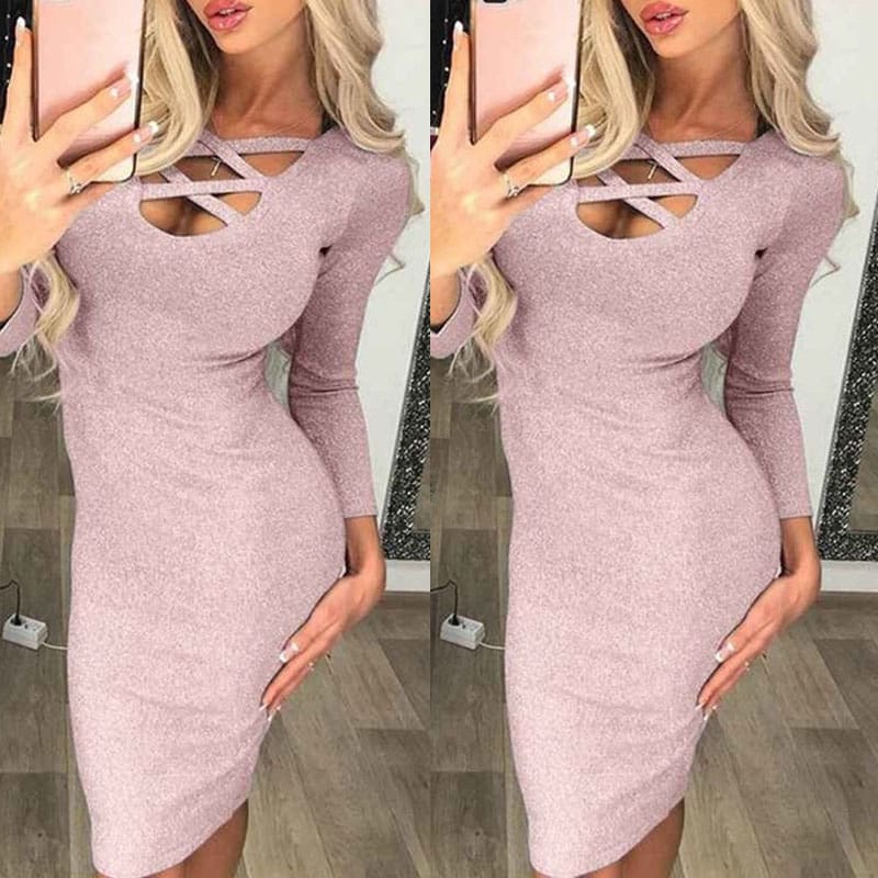 Fashion Glitter Sequin Evening Dress Hollow Out Bodycon Sexy Women Clubwear Wrap Party Slim Fit Formal Dress