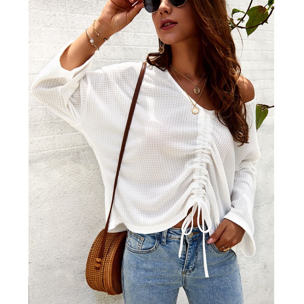 Women Casual Tops T Shirt Lady Office Wears V Neck Loose Long Sleeve Cotton Knit Outwear Streetwear