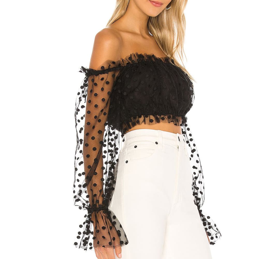 Women Sexy Sheer See-through Long Sleeve Blouse Top Polka Dot Off Shoulder Tops Clubwear