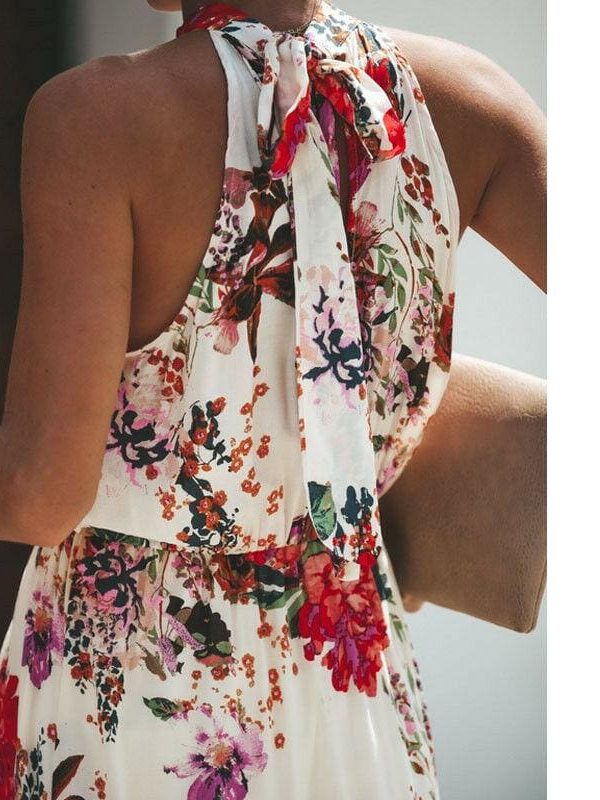 The Best Halter Style Women Summer Floral Dress Casual Boho High Waist Long Maxi Holiday Party Sleeveless Loose Dress Clothes Online - Takalr