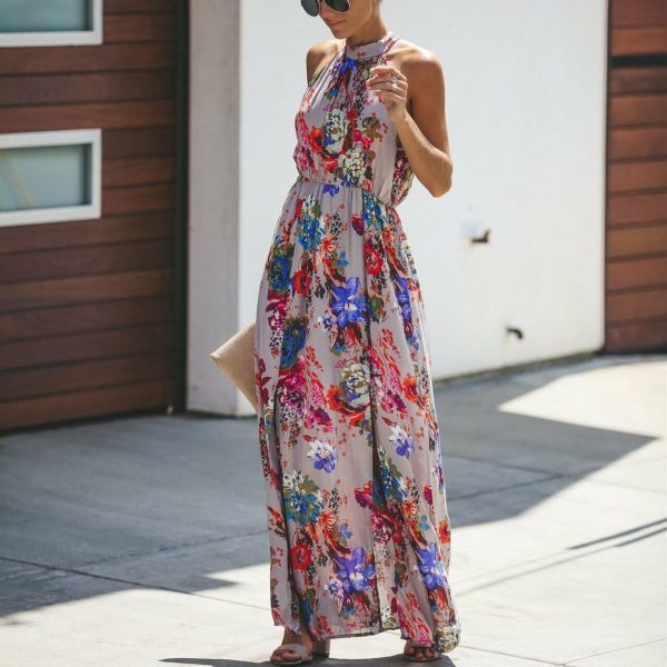 The Best Halter Style Women Summer Floral Dress Casual Boho High Waist Long Maxi Holiday Party Sleeveless Loose Dress Clothes Online - Takalr