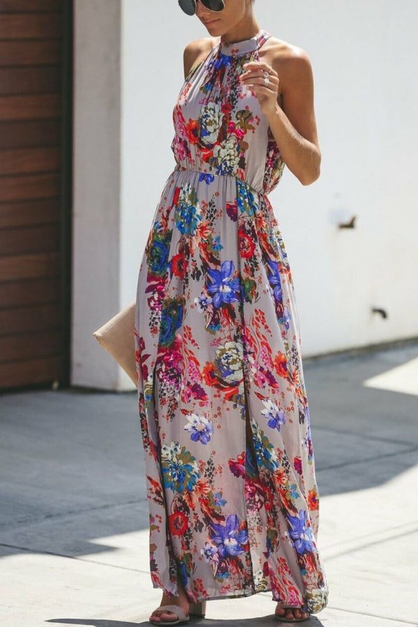 The Best Halter Style Women Summer Floral Dress Casual Boho High Waist Long Maxi Holiday Party Sleeveless Loose Dress Clothes Online - Takalr