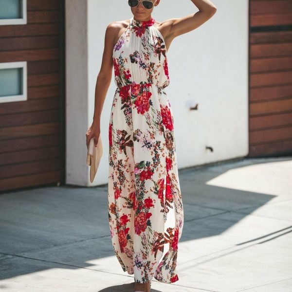 The Best Halter Style Women Summer Floral Dress Casual Boho High Waist Long Maxi Holiday Party Sleeveless Loose Dress Clothes Online - Takalr