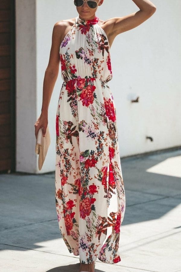 The Best Halter Style Women Summer Floral Dress Casual Boho High Waist Long Maxi Holiday Party Sleeveless Loose Dress Clothes Online - Takalr