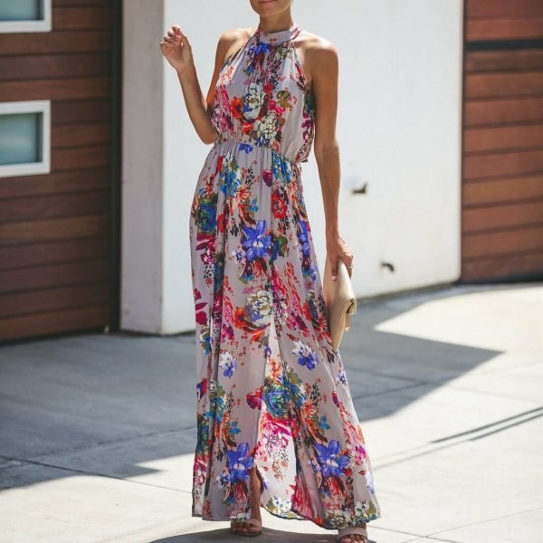 The Best Halter Style Women Summer Floral Dress Casual Boho High Waist Long Maxi Holiday Party Sleeveless Loose Dress Clothes Online - Takalr