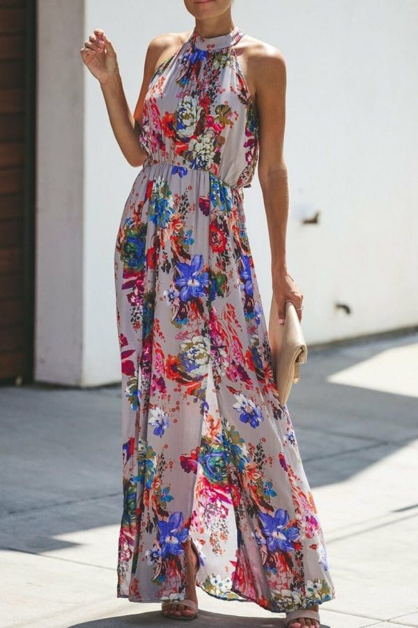 The Best Halter Style Women Summer Floral Dress Casual Boho High Waist Long Maxi Holiday Party Sleeveless Loose Dress Clothes Online - Takalr