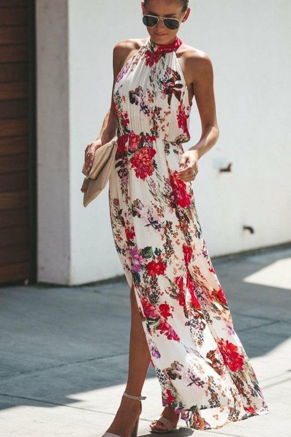 The Best Halter Style Women Summer Floral Dress Casual Boho High Waist Long Maxi Holiday Party Sleeveless Loose Dress Clothes Online - Takalr