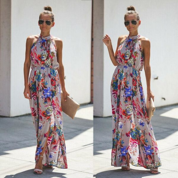 The Best Halter Style Women Summer Floral Dress Casual Boho High Waist Long Maxi Holiday Party Sleeveless Loose Dress Clothes Online - Takalr