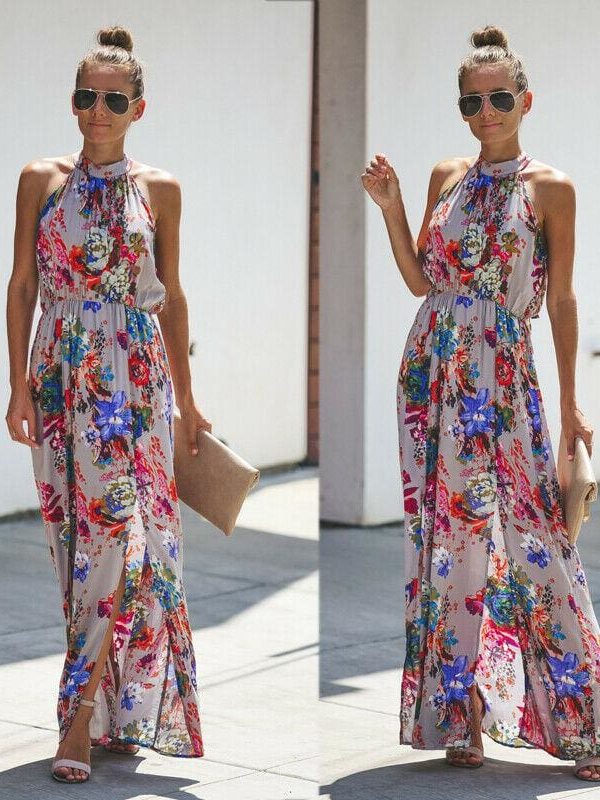 The Best Halter Style Women Summer Floral Dress Casual Boho High Waist Long Maxi Holiday Party Sleeveless Loose Dress Clothes Online - Takalr