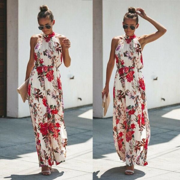 The Best Halter Style Women Summer Floral Dress Casual Boho High Waist Long Maxi Holiday Party Sleeveless Loose Dress Clothes Online - Takalr