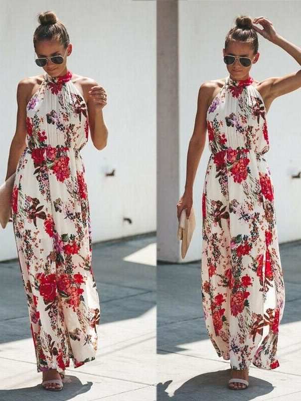 The Best Halter Style Women Summer Floral Dress Casual Boho High Waist Long Maxi Holiday Party Sleeveless Loose Dress Clothes Online - Takalr