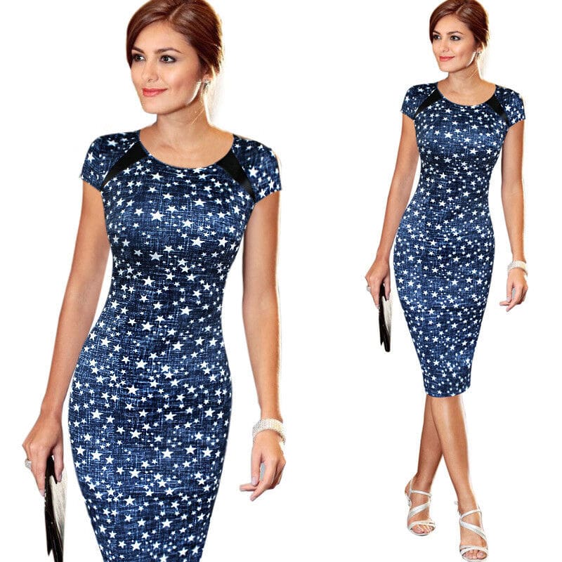 Women Pencil Dress Short Sleeve Summer Bandage Evening Party O-neck Bodycon Slim Polka Dot Dress Knee Length