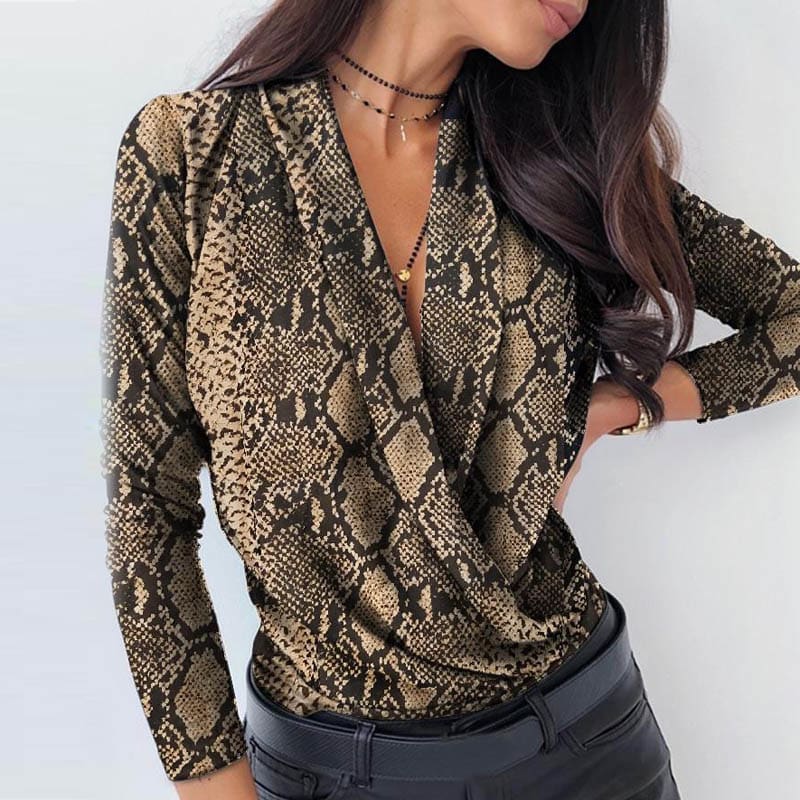 Women Long Sleeve Deep V-neck Shirt Blouses Tops Sexy Criss-cross Snake Skin Shirt Work Business Formal Shirt Outwear Fall