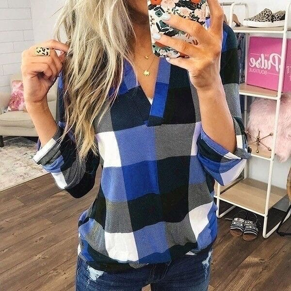 Womens Autumn Long Sleeve Plaid Check Tee Shirt Blouse Ladies Workout Casual Loose Pullover Tops Women Costume