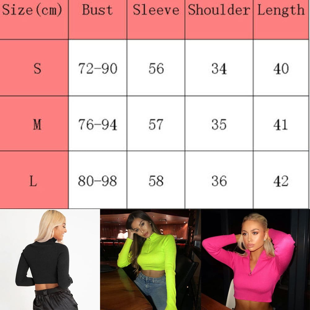 Autumn Womens Long Sleeve Zipper Cropped Navel Blouse Solid Color Ladies Sexy Slim Top Tee Shirt Streetwear