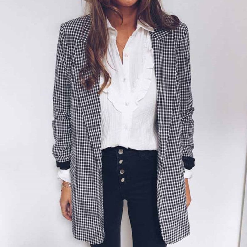 Women Casual Blazer Jacket Lapel Tops Plaid Coat Slim Cardigan Outwear Overcoat Fashion Women Office Lady Elegant Coat