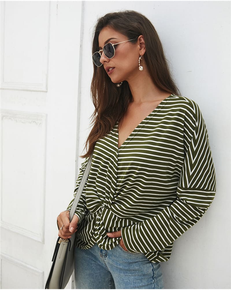 Fashion Women Autumn Casual Top Long Sleeve T shirt V Neck crisscross Tee Shirt Femme Elegant Stripe Dames tshirt Streetwear