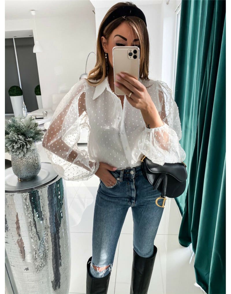 Women See Through Sleeve Sheer Mesh Dot Shirt Blouse Tops OL Puff Long Sleeve Shirt V-neck Buttons Shirts Blouses Outwear 2020