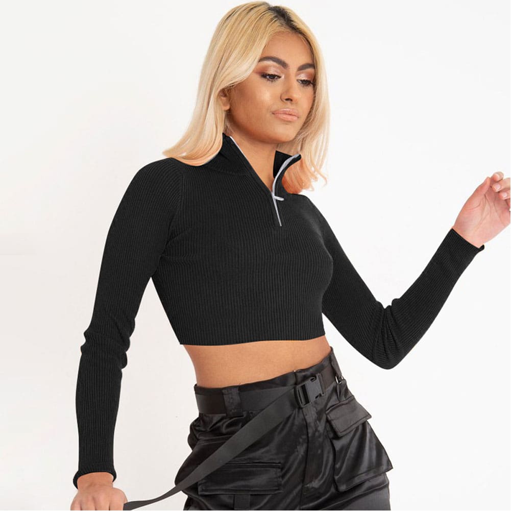 Autumn Womens Long Sleeve Zipper Cropped Navel Blouse Solid Color Ladies Sexy Slim Top Tee Shirt Streetwear