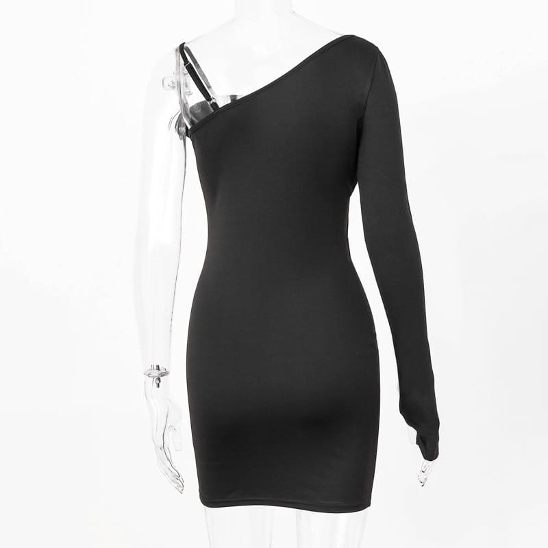 One Shoulder Long Sleeve Bodycon Mini Dress Sexy Ladies Evening Party Clubwear Solid Slim Pencil Dress