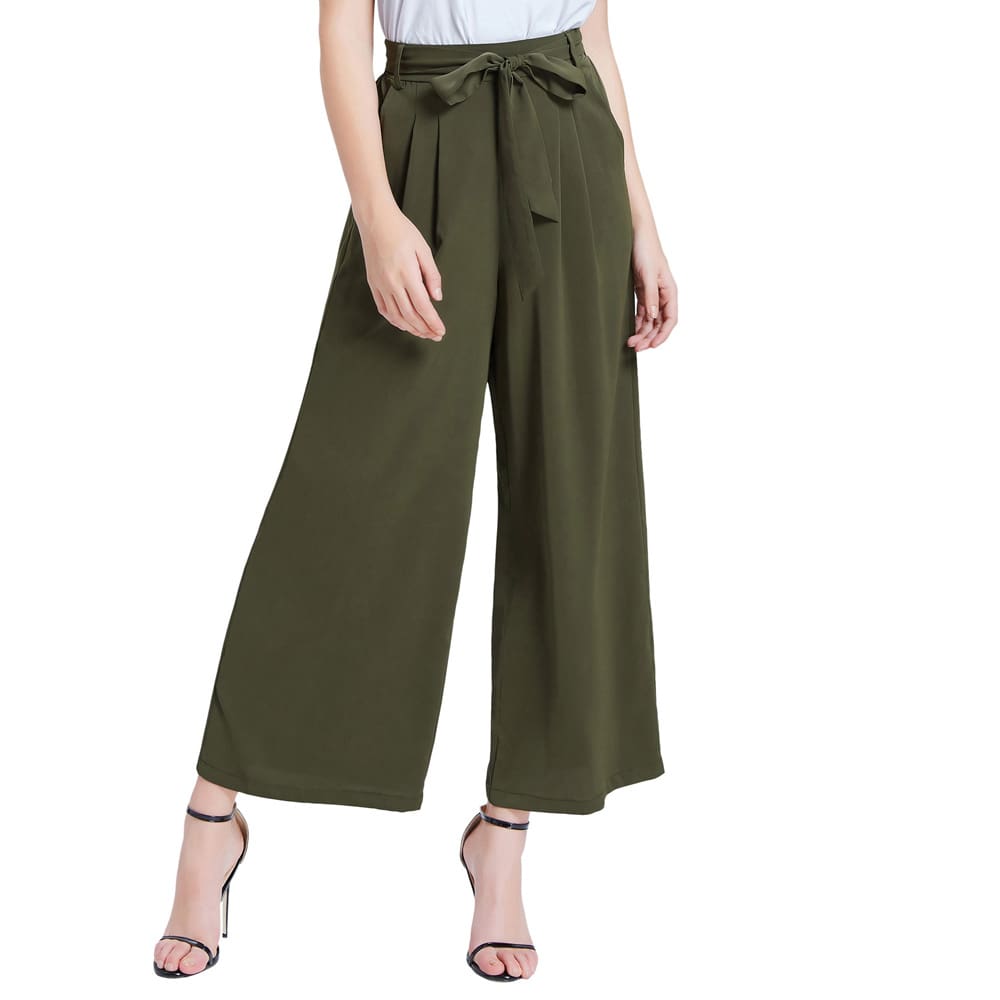 Women Elastic High Waist Casual Belt Trousers Straight Leg Long Pants