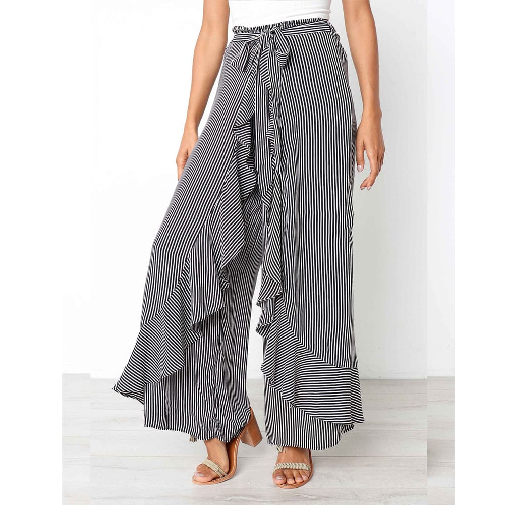 New Women Striped Baggy Harem Pants Hippie Wide Leg Gypsy Boho Long Palazzo Bow Tie High Wais Ruffle Loose Trouser