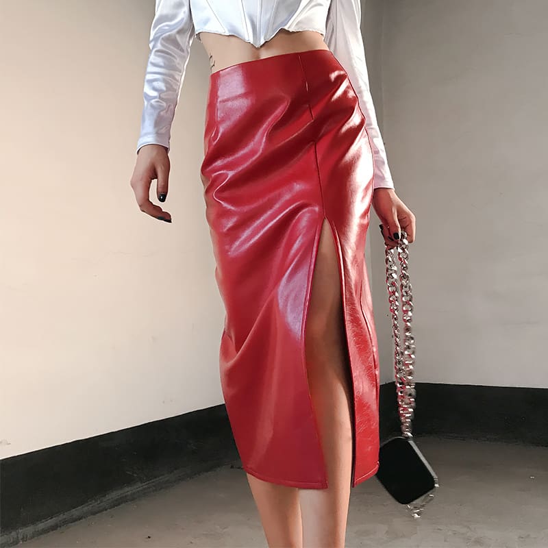 New Fashion Women Split Wrap Skirt Sexy Ladies Casual High Waist Slim Pu Leather Bottom Skirt OL Dress