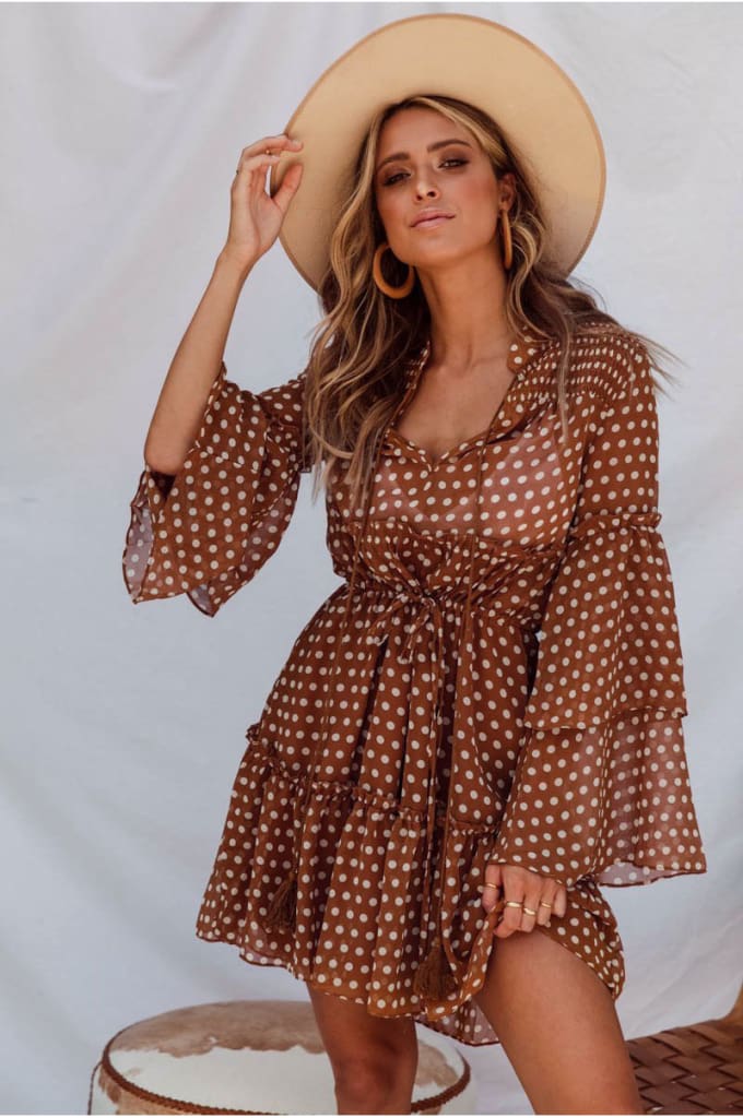 Boho Beach Holiday Vacation Sundress Women Long Sleeve Polka Dot V Neck High waist Tunic Ladies Dresses Streetwear