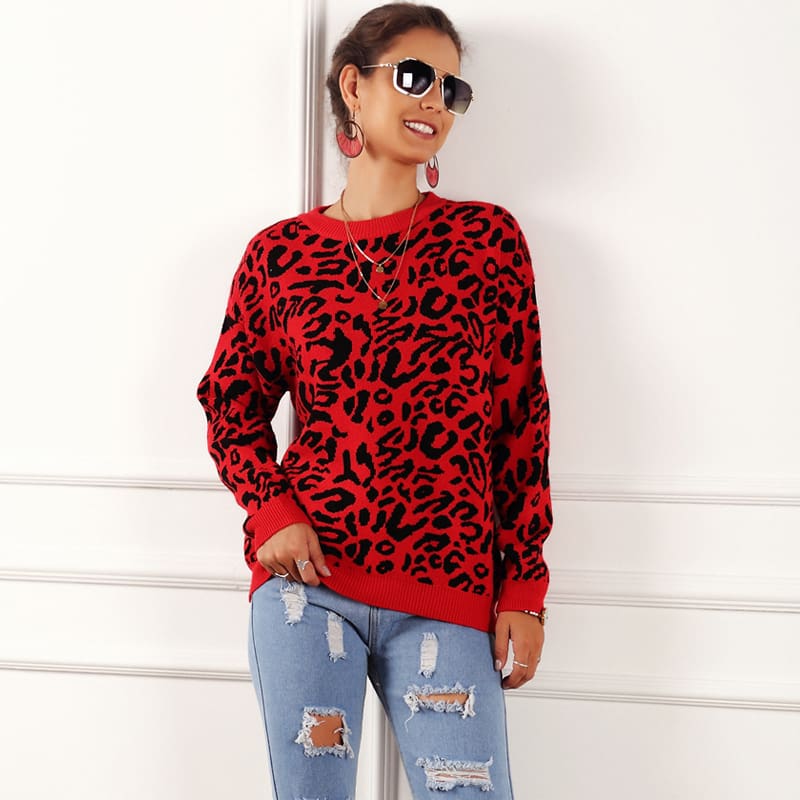 Womens Autumn Winter Sweater Long Sleeve Leopard Print Ladies Girl Knitted Jumper Pullover Tops Sweaters Streetwear