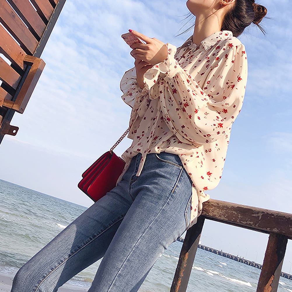 Korea Style Women Chiffon Solid Long Sleeve Blouse Fashion Ladies Summer Casual Loose Tops T Shirt Pullover Clothes