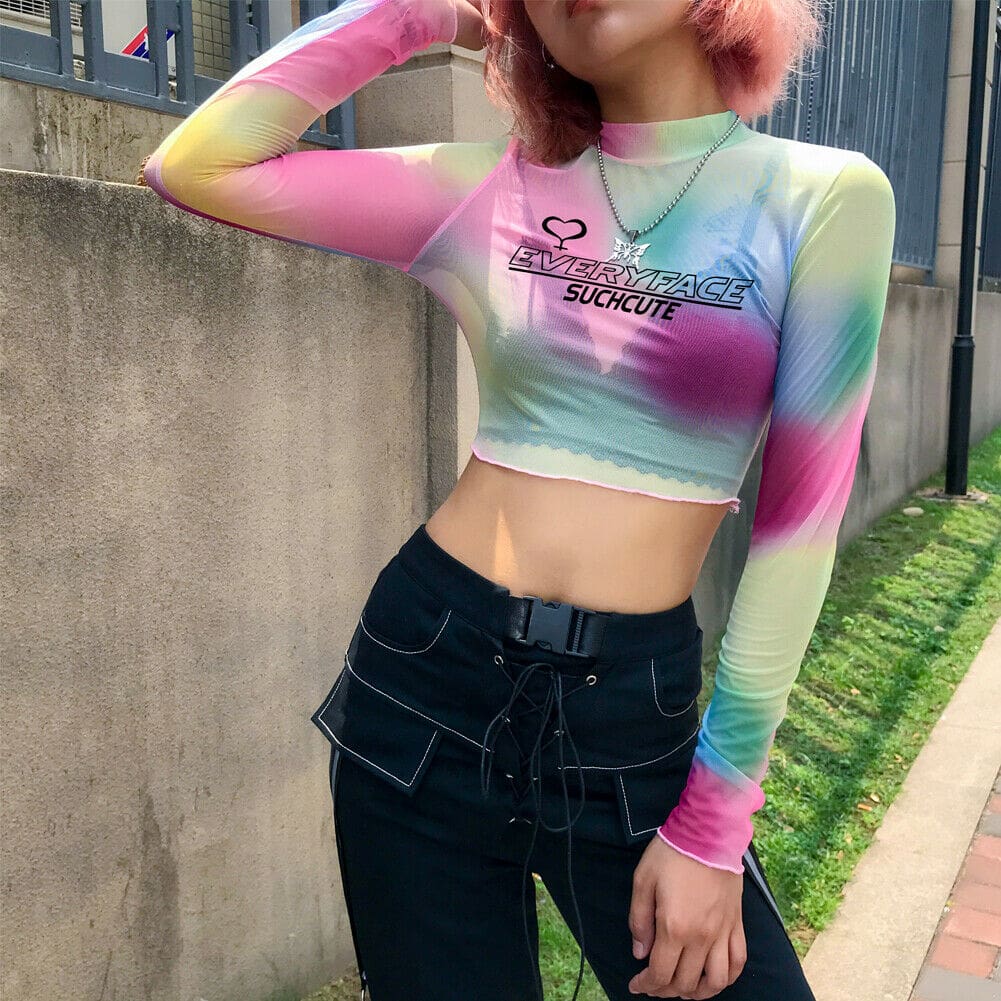 New Fashion Women Girls Summer Mesh Sheer Long Sleeve Blouse See-through High Neck Casual Party Crop Top Tee Shirt