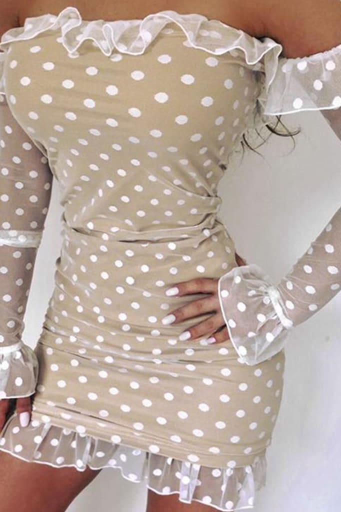 Women Ladies See-through Base Dress Flared Long Sleeve Off-shoulder Polka Dots Printed Short Mini Dress