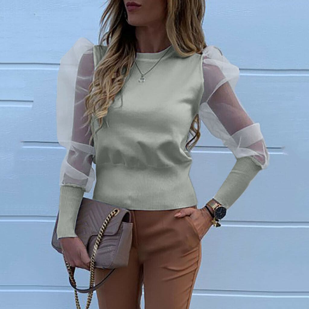 Women Ladies Puff Mesh Sleeve Tops Pullover Blouse Loose Jumper Shirt Autumn Tops Sheer Mesh Street Clothes