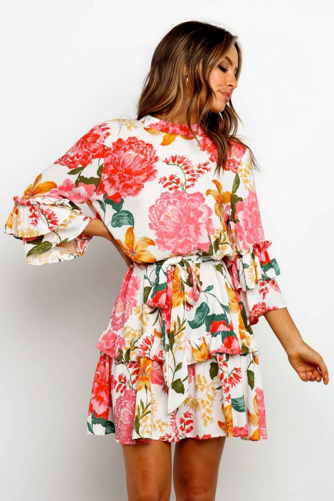 Boho Beach Summer Flower Sundress Women Long Sleeve Ruffles Floral Mini Dress Elegant Ladies Evening Party Club Dames Dresses