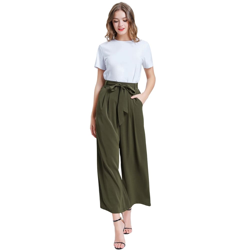 Women Elastic High Waist Casual Belt Trousers Straight Leg Long Pants