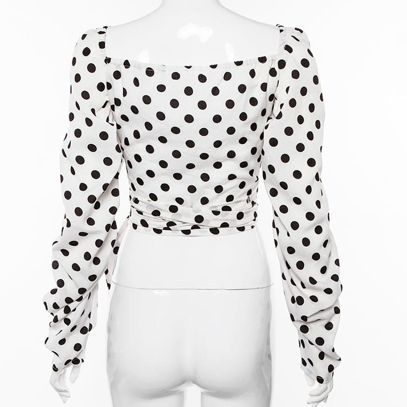 Hot Autumn Retro Polka Dot Blouse Long Sleeve Short Shirts Lady Vintage Lace Up V neck Chic Blouses Shirt