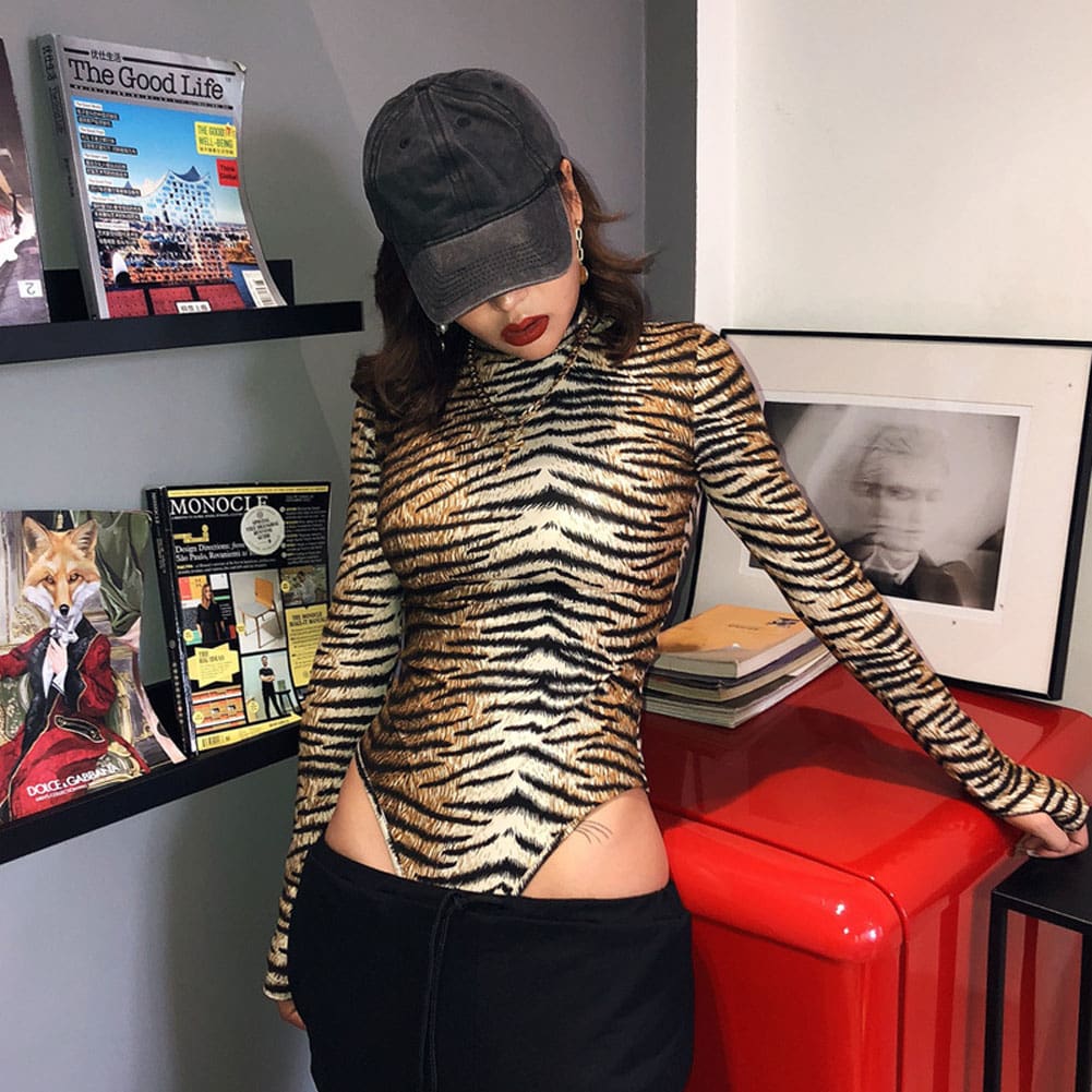 Women Romper Bodysuit Tiger Leopard Print Tops Long Sleeve Ladies Turtleneck Bodycon Stretch Jumpsuit Top Blouse Catsuit